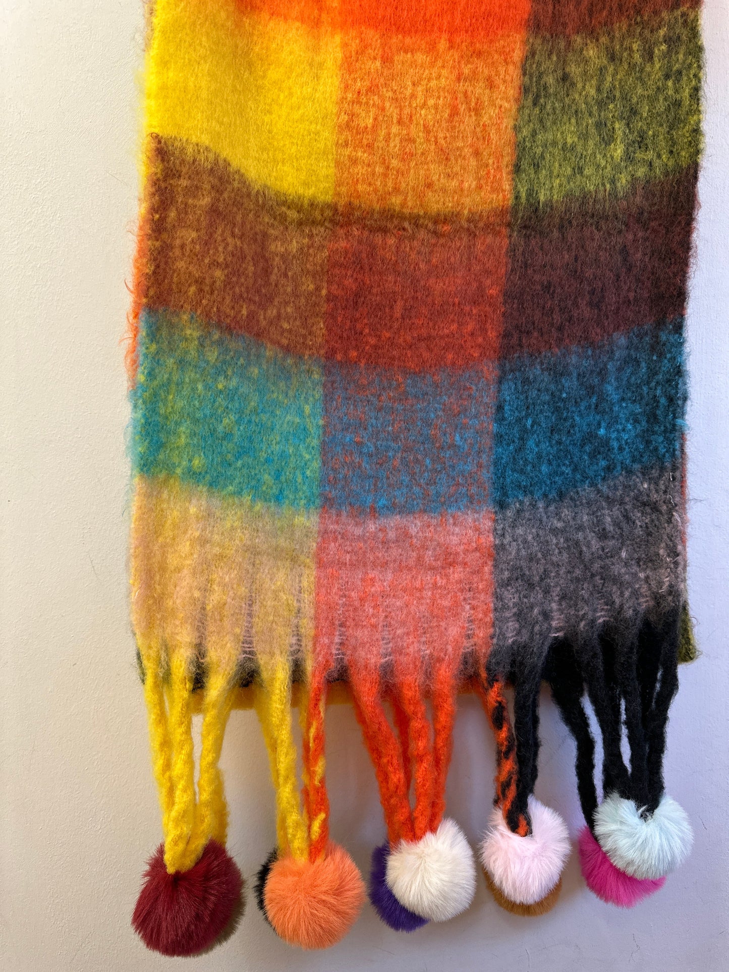 Orange Multi Check Pom Pom Scarf