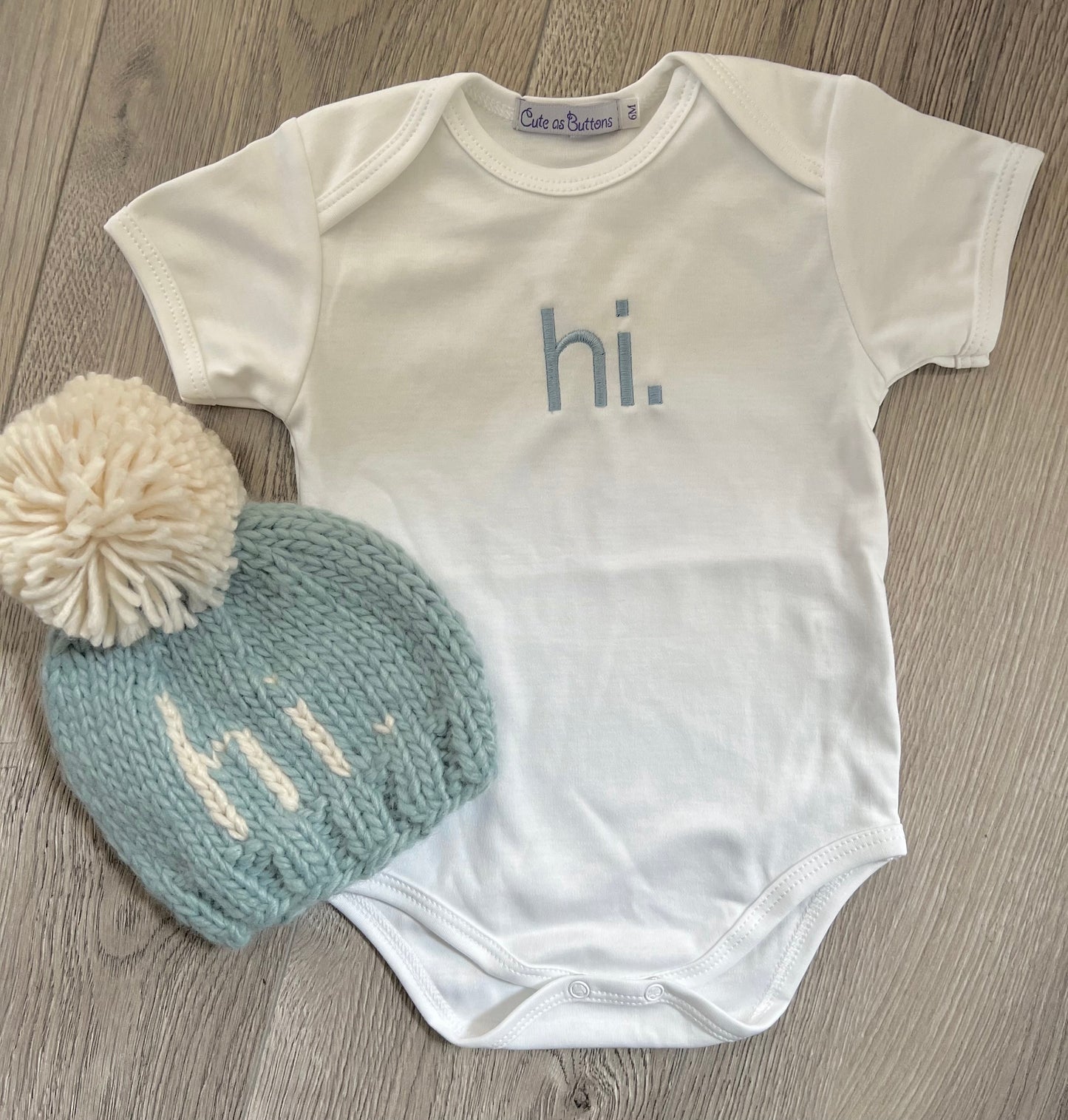 Hi. Onesie White/Surf Blue by Cute as Buttons