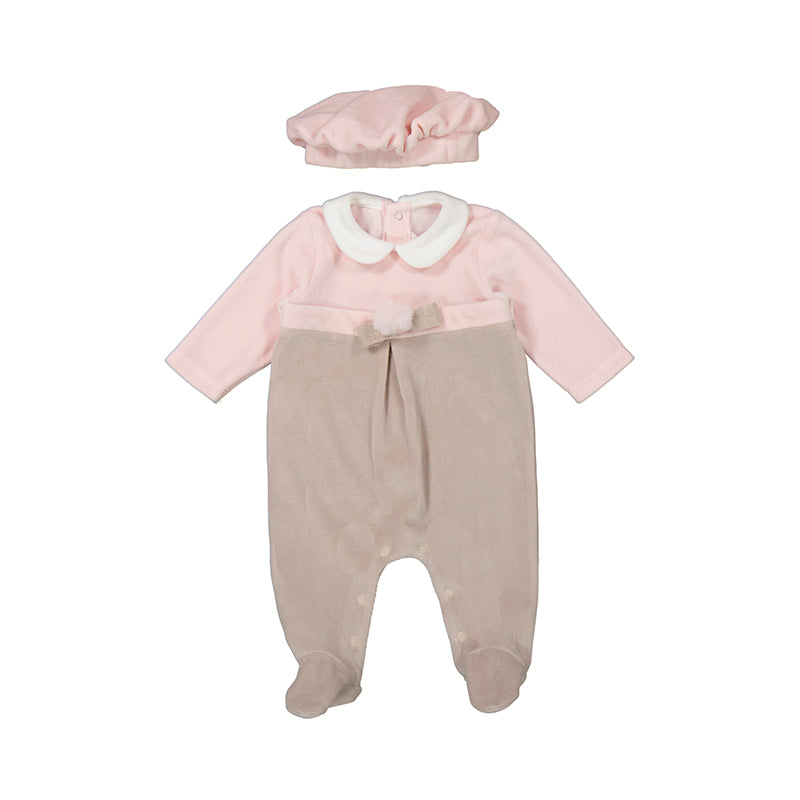 Blush/Walnut Velour Footie with Beret by Mayoral