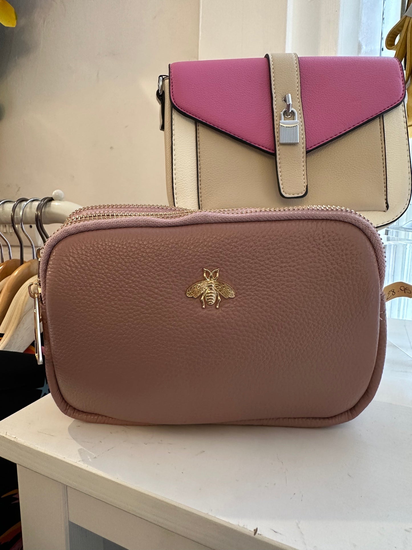 Three Zip Leather Bee Crossbody Bag