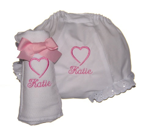 Personalized Girls Bloomer and Burp Cloth Set with Heart