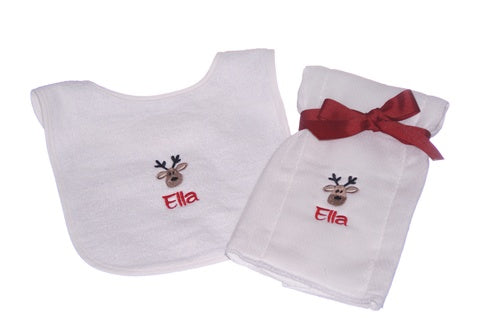 Personalized Terry Bib and Burp Set with Reindeer