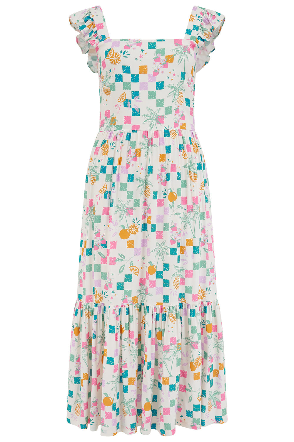 Estelle Shirred Dress - Off White, Fruit Checkerboard