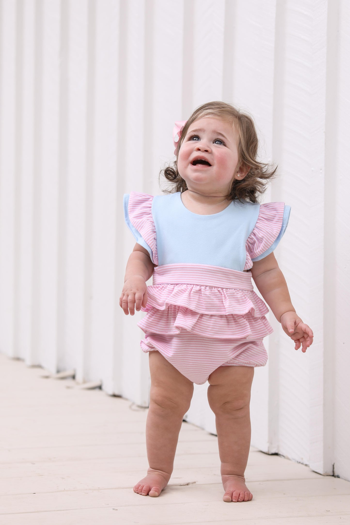 Rosie Bubble Light Blue Stripe/Pk Trim by Trotter Street Kids