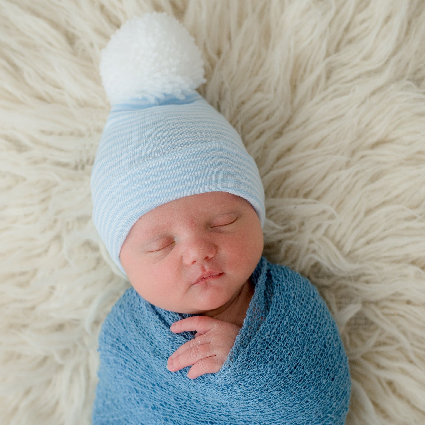 Blue/White Stripe With White Pom Pom Newborn Hospital Hat