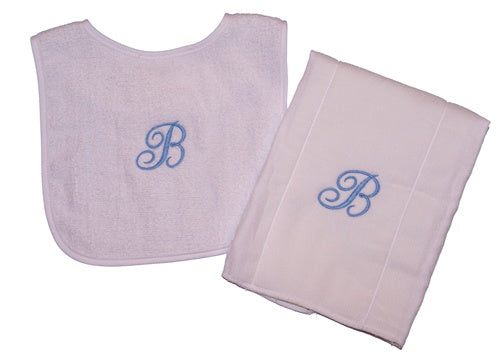 Monogrammed Terry Bib and Burp Set with Single Initial