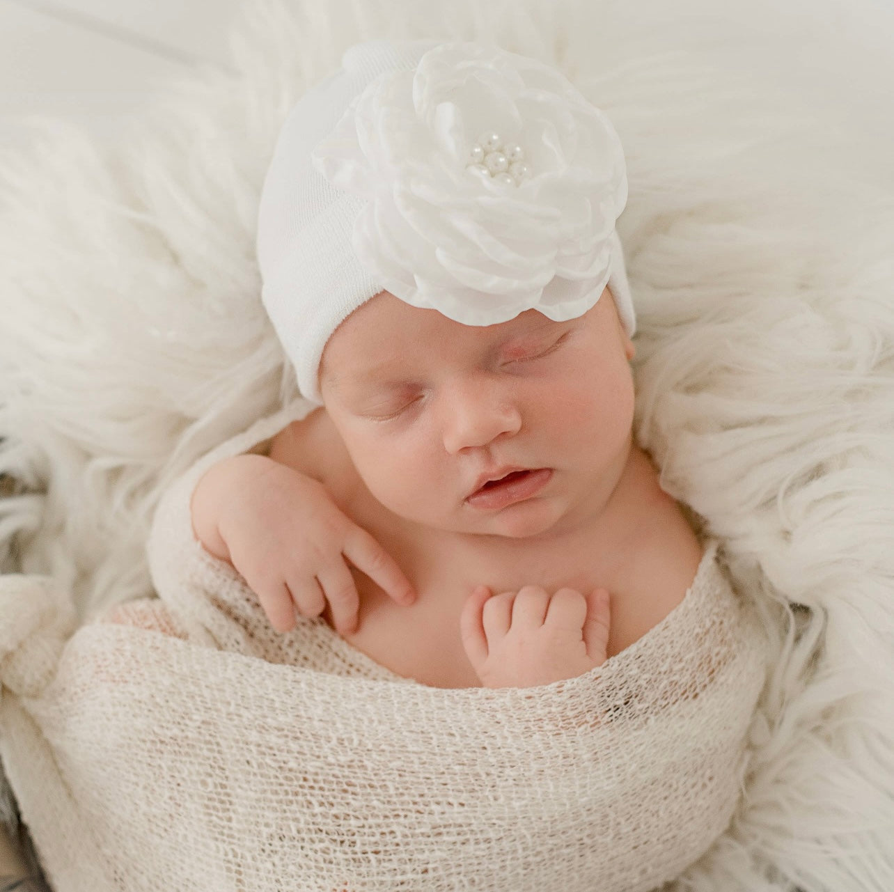 White Silk rose with pearls newborn hospital beanie