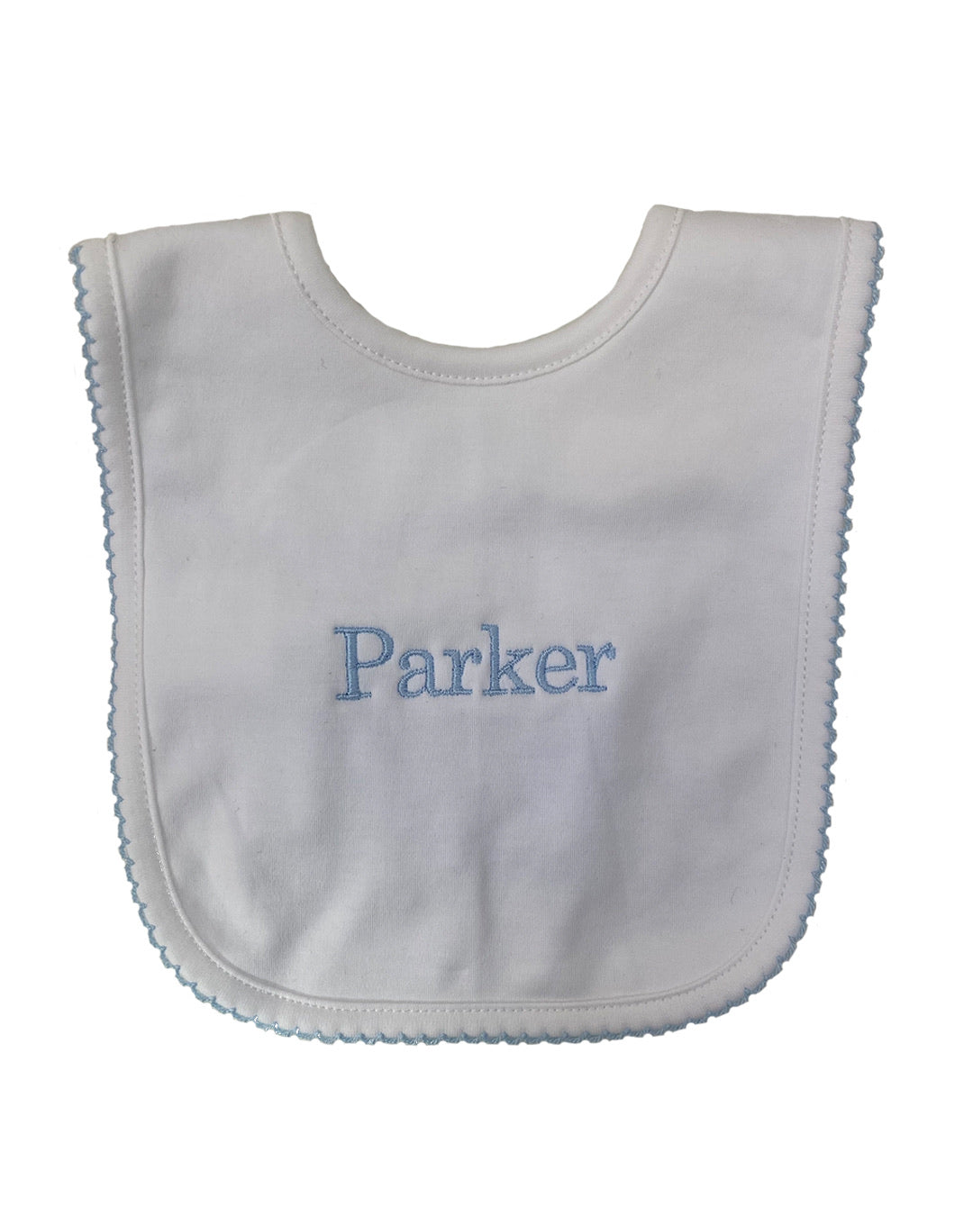 White with blue trim pima cotton bib