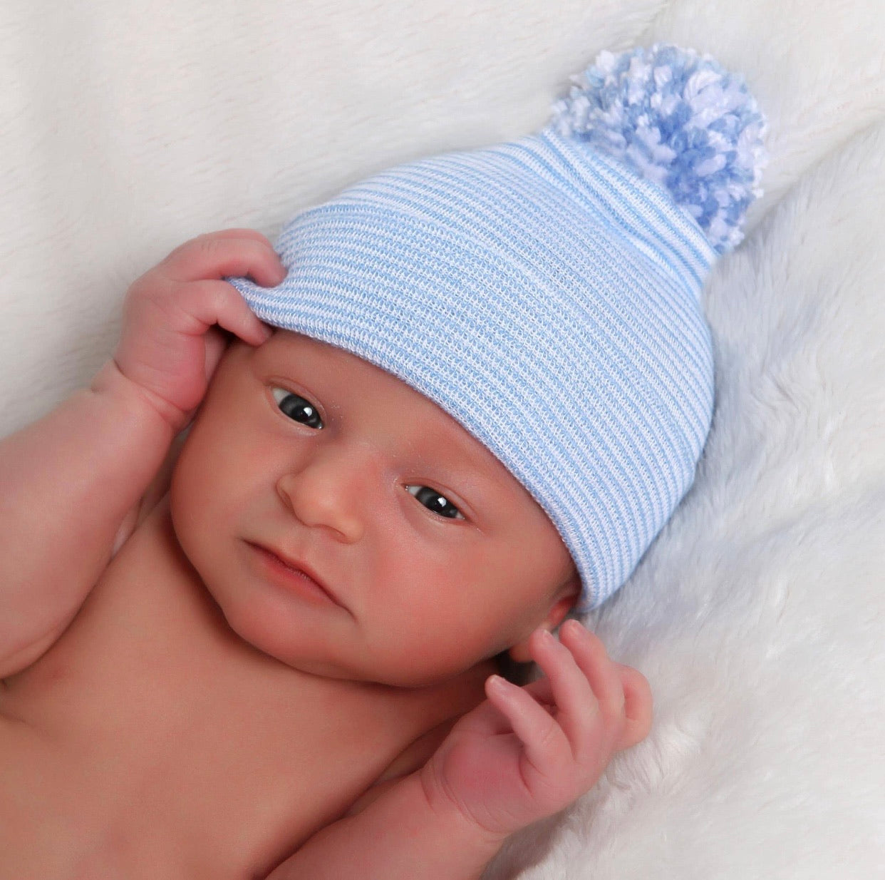 Blue striped mixed pom beanie hospital hat
