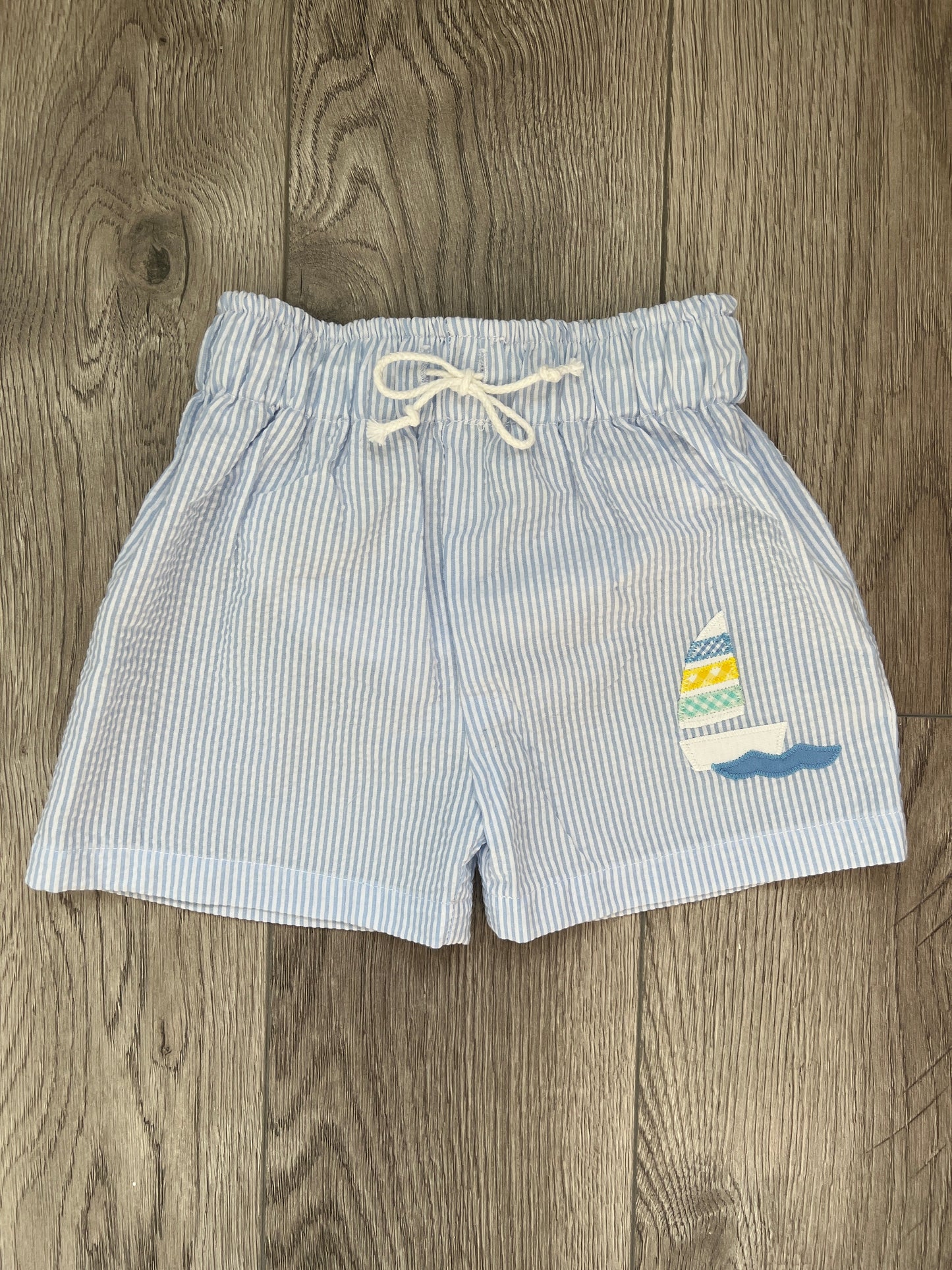 Blue Seersucker Sailboat Swim Trunks