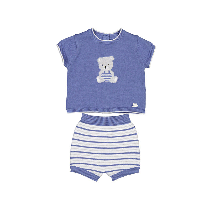 Blue Knit Short Set with Teddy Bear