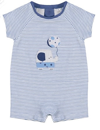Blue Stripe Short Romper with Elephant Appliqué