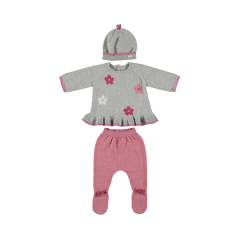 Knit Top, Footed Pants and Hat with flowers