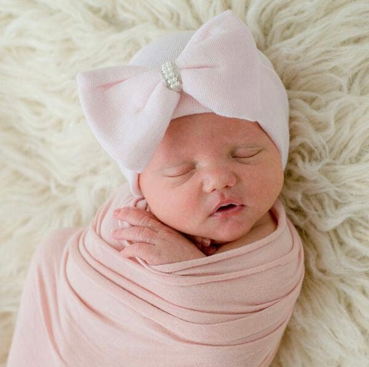 Pink Bow Pearl Newborn Hospital Hat