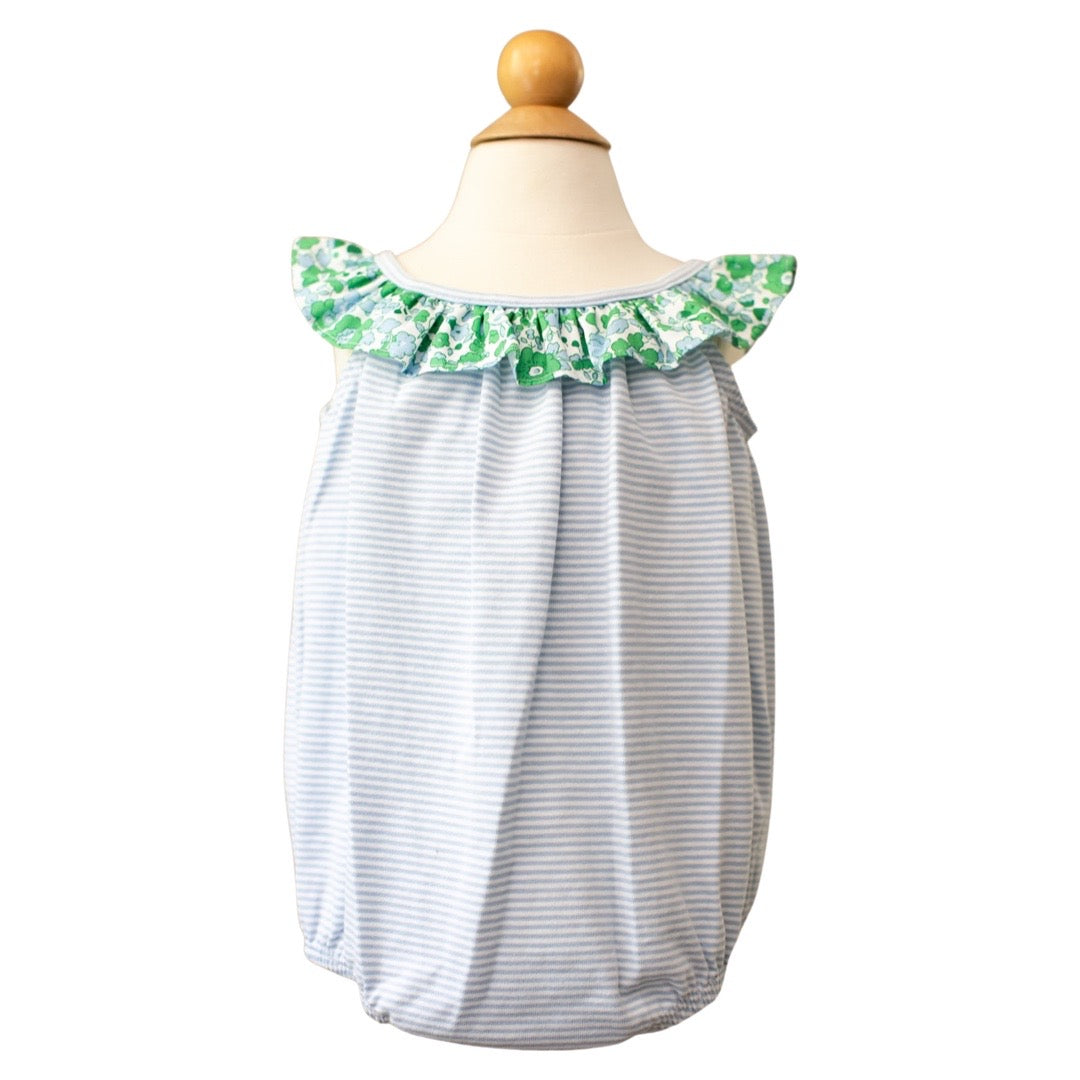 Girls Knit Bubble-Blue Stripe with Floral Ruffle by Peggy Green