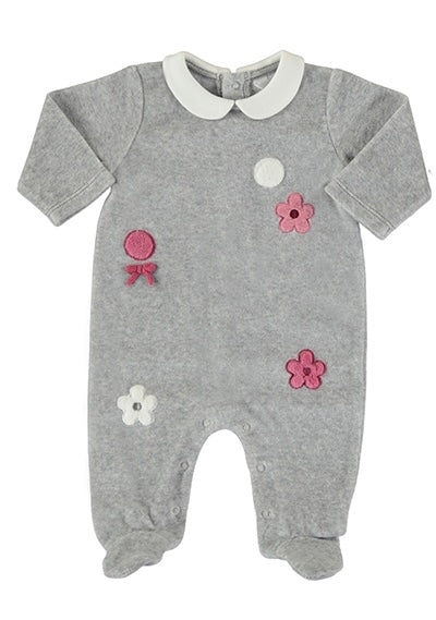 Grey Velour Footie with flowers