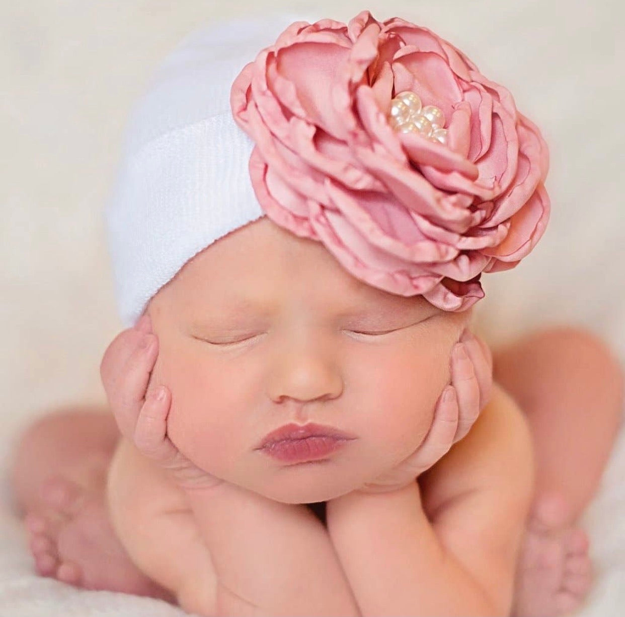 Silk rose with pearls hospital beanie