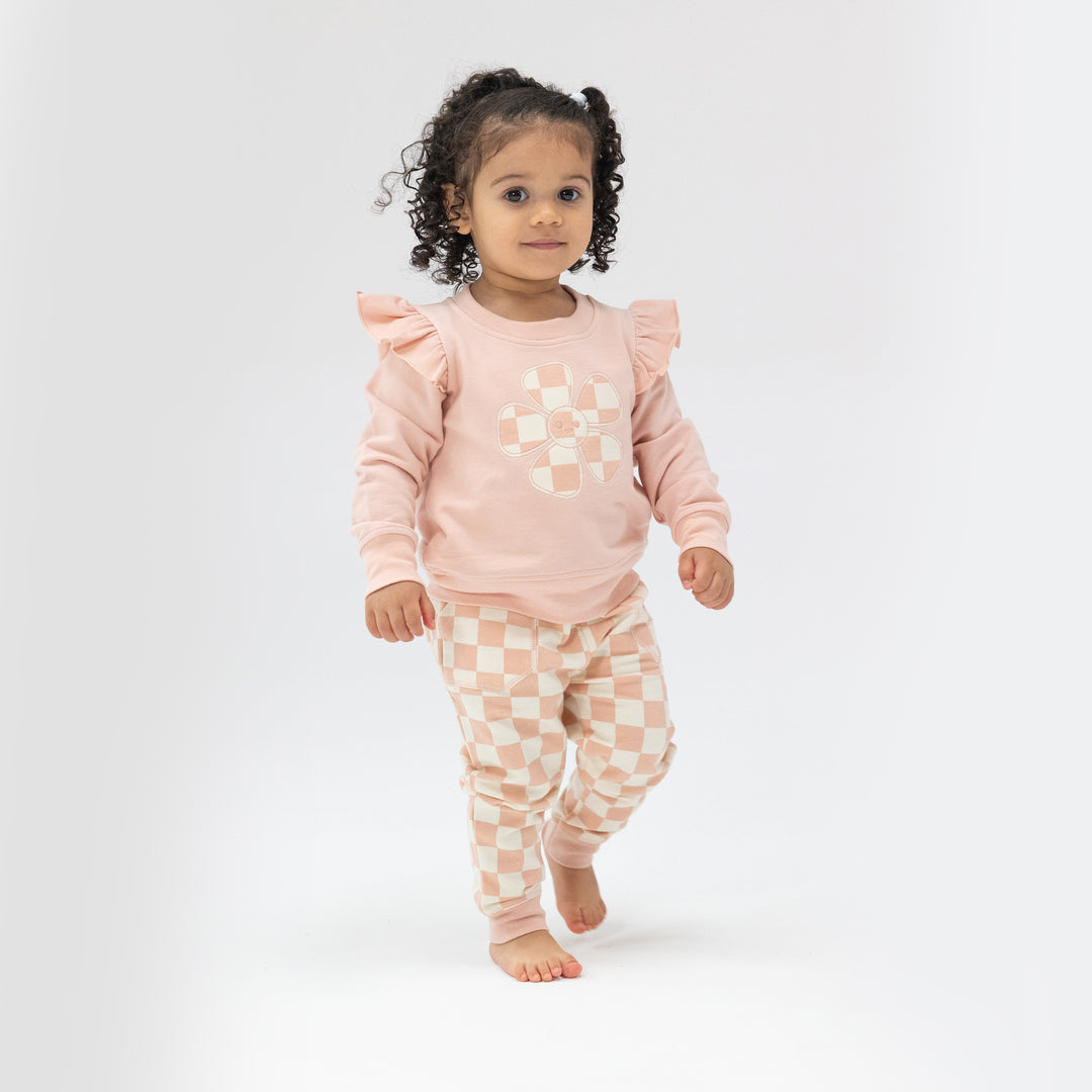 French Terry Checkerboard Pink - Ruffle Patch Sweatshirt+ Jogger by Angel Dear