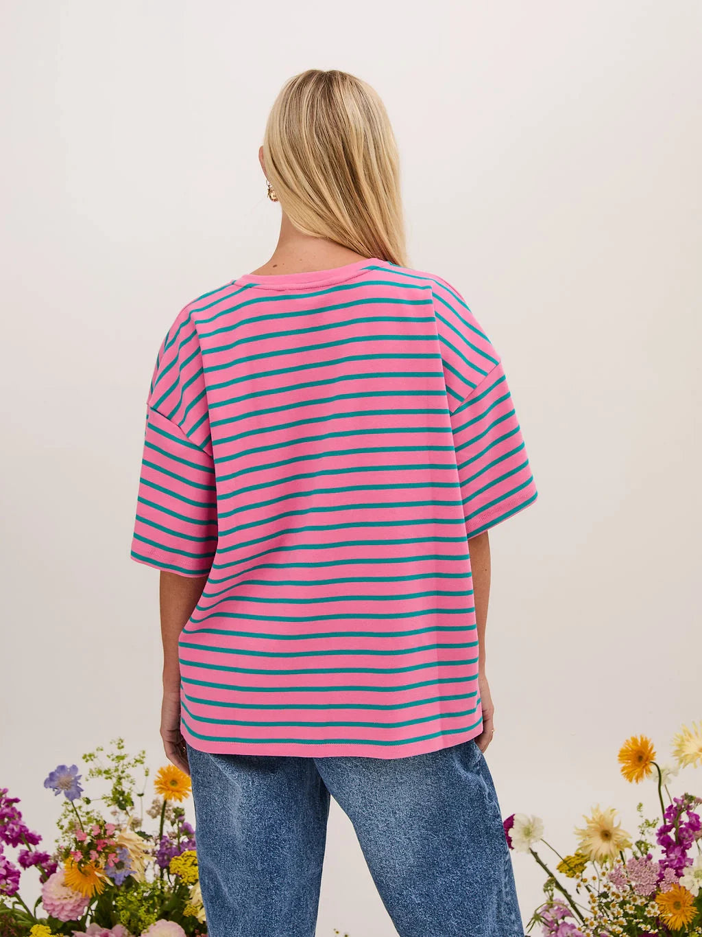 Sara Stripe Cotton T-Shirt - Pink and Green