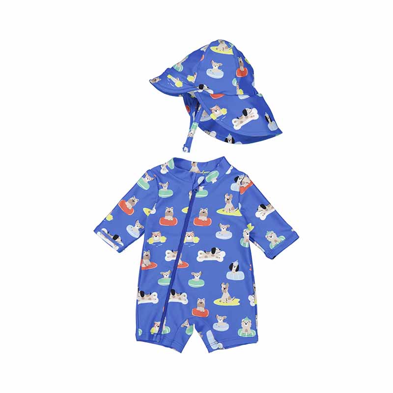 Blue Doggy Paddle Rashguard Swimsuit & Hat by Mayoral