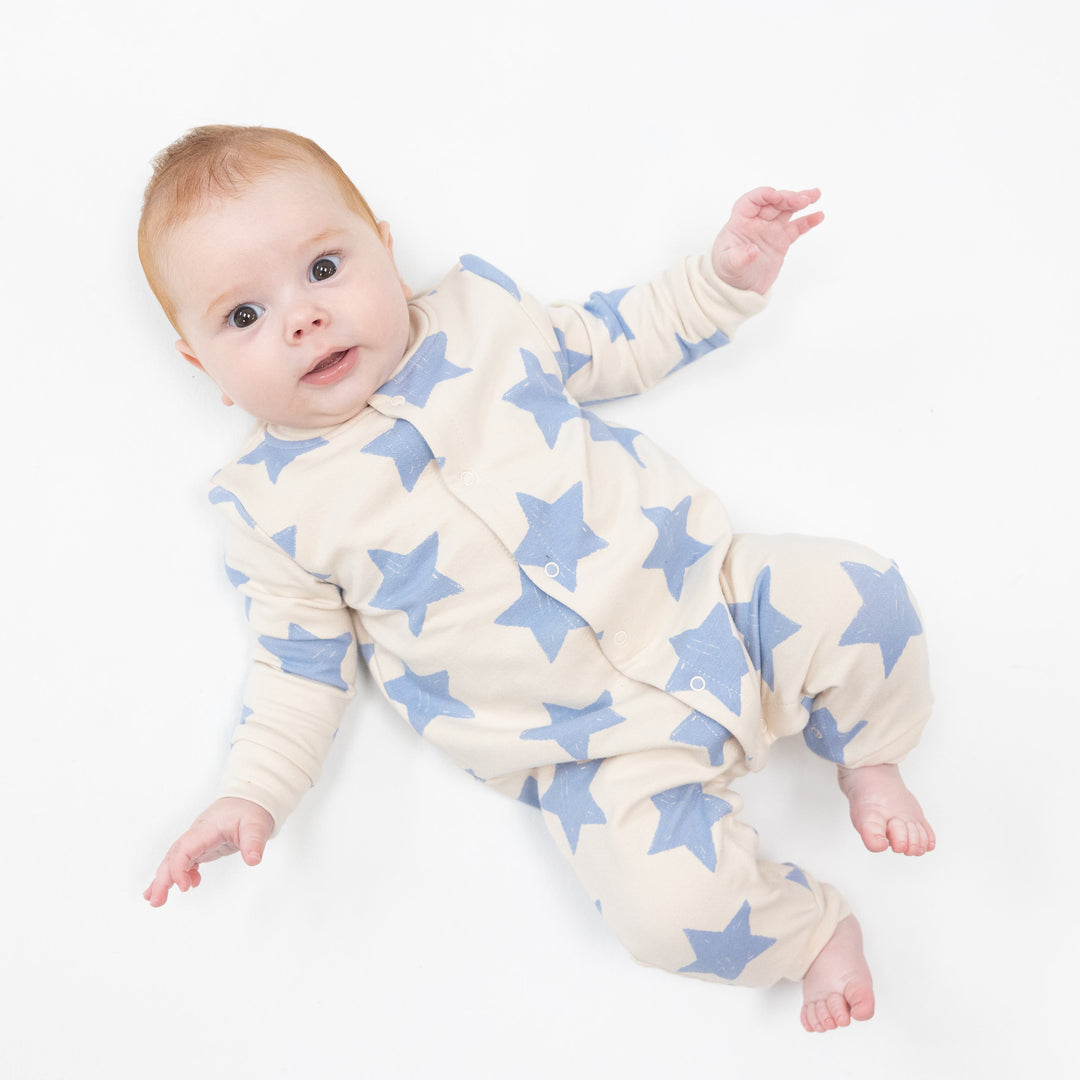 French Terry Sketchy Stars Blue - Baseball Collar Romper by Angel Dear