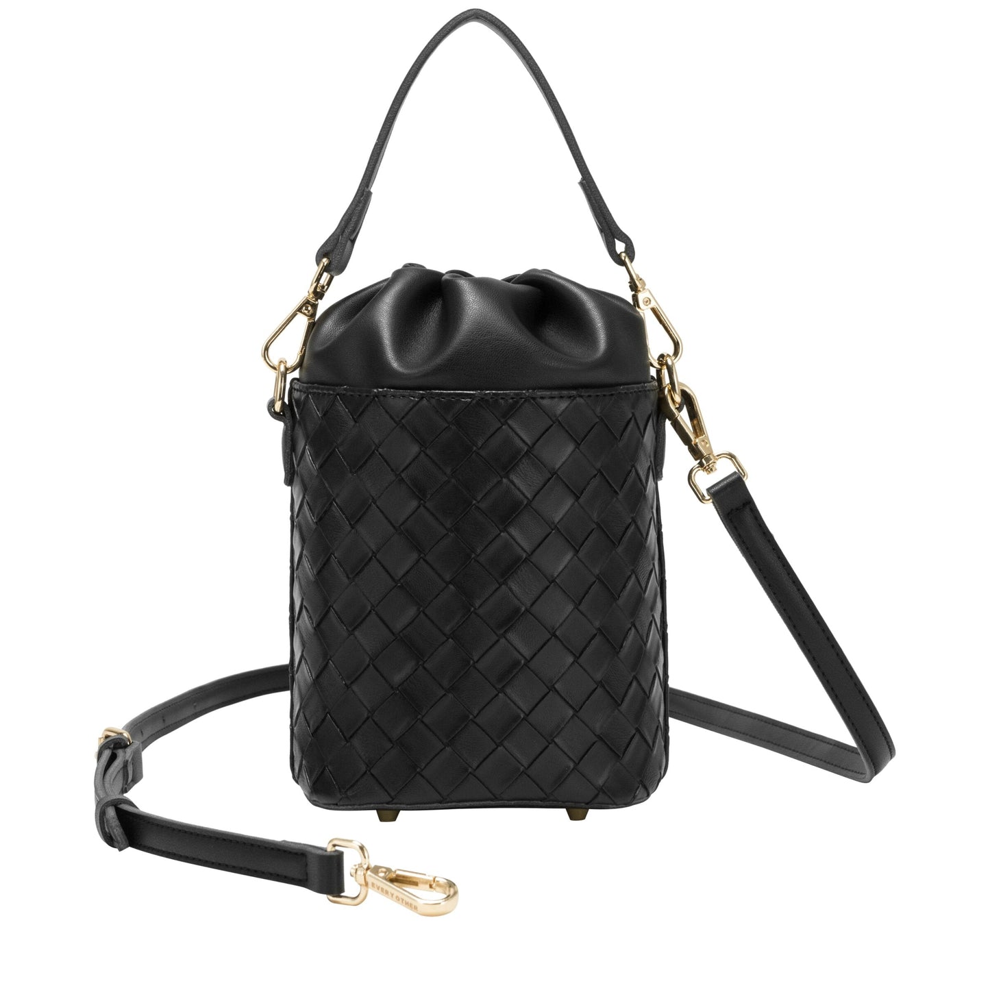 Woven Drawstring Bucket Bag - Black