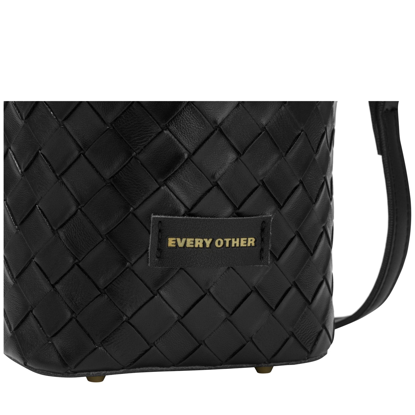 Woven Drawstring Bucket Bag - Black
