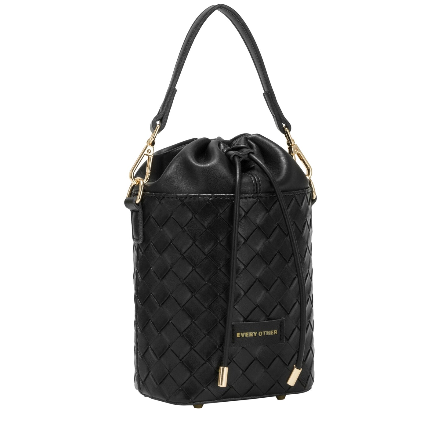 Woven Drawstring Bucket Bag - Black