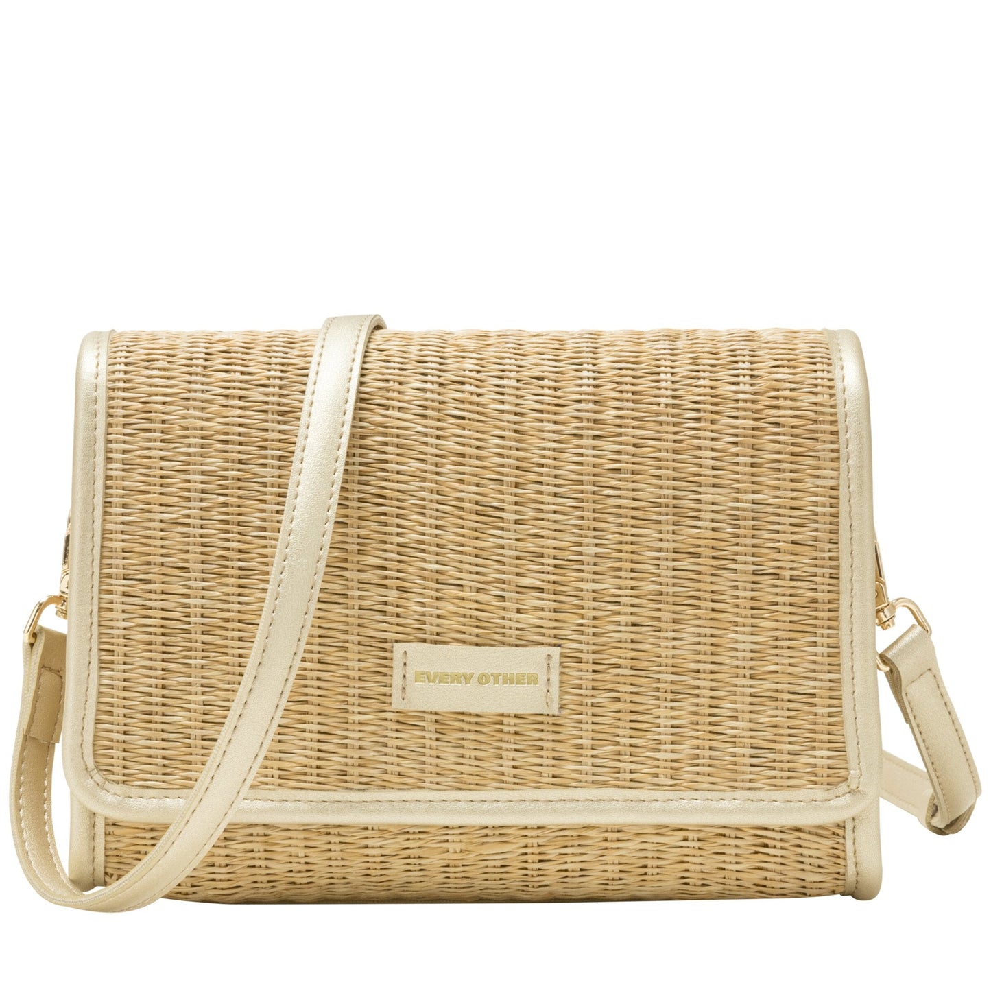 Straw Flap Over Cross Body Bag - Gold