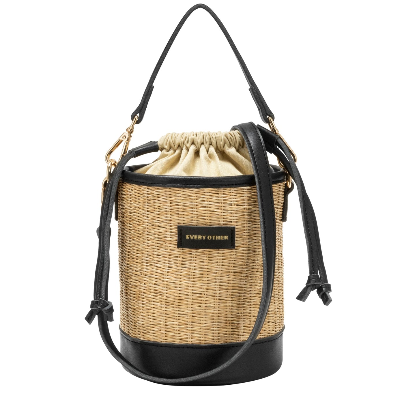 Straw Bucket Drawstring Bag- Black