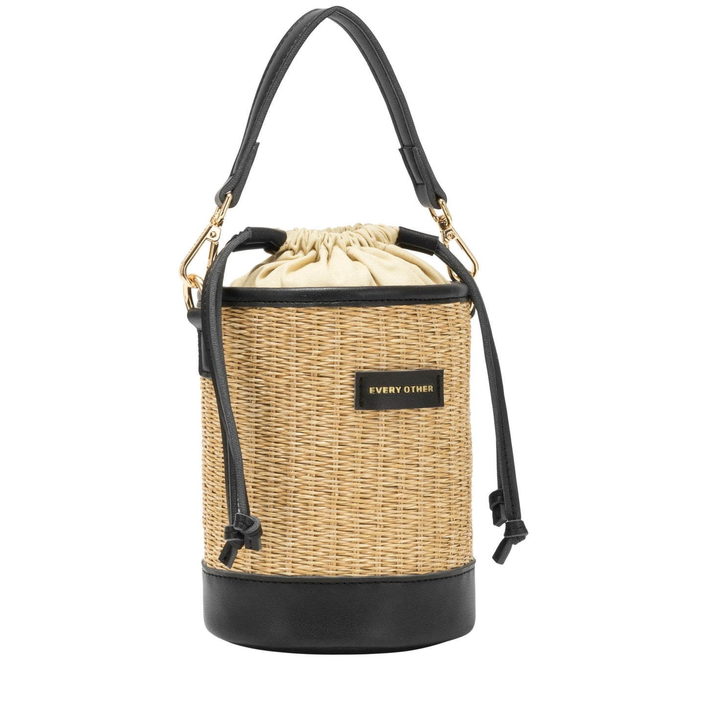 Straw Bucket Drawstring Bag- Black
