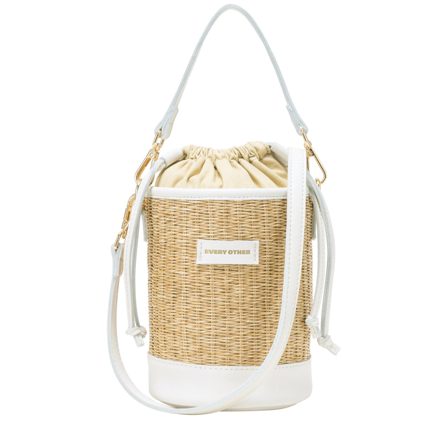 Straw Bucket Drawstring Bag- White
