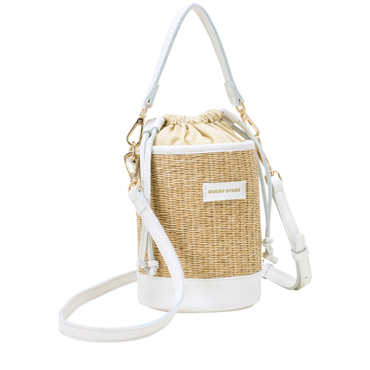 Straw Bucket Drawstring Bag- White
