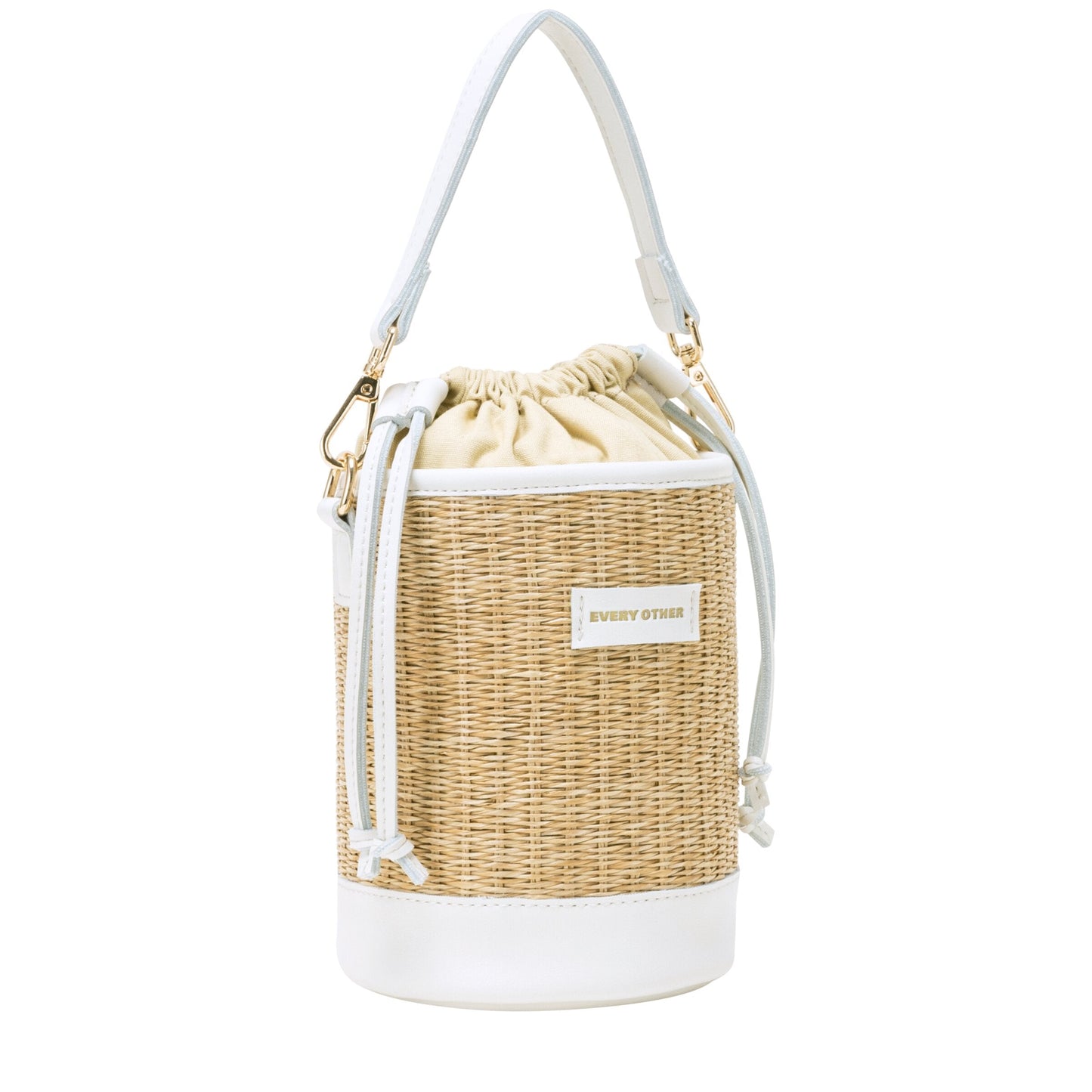 Straw Bucket Drawstring Bag- White