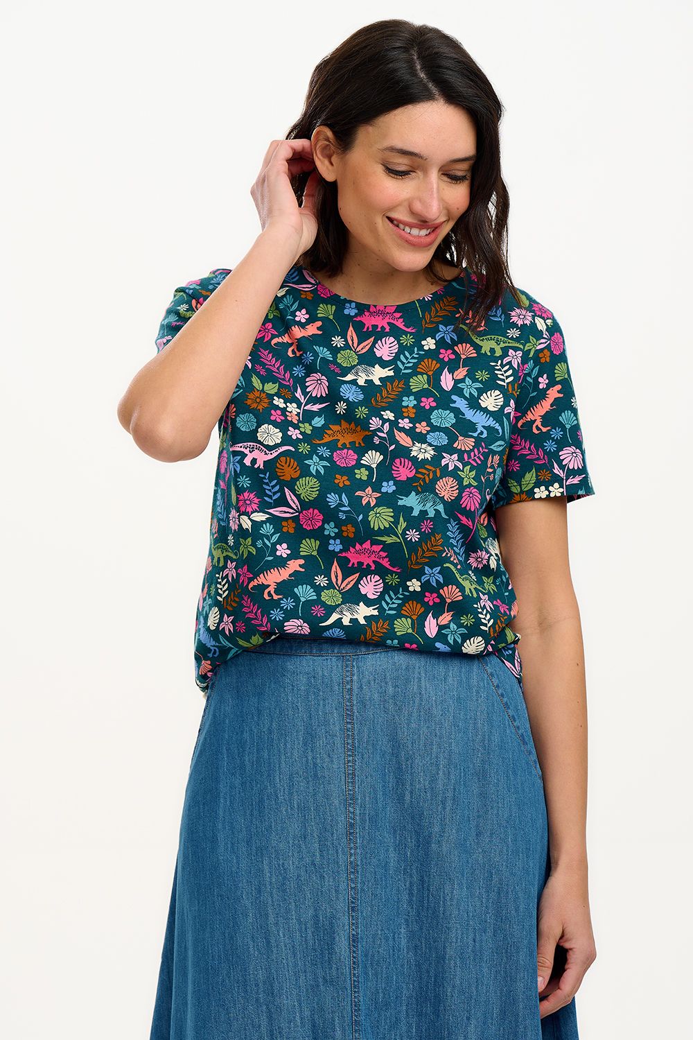 Ronah Crew Neck T-Shirt - Teal/Multi, Hidden Dinosaur