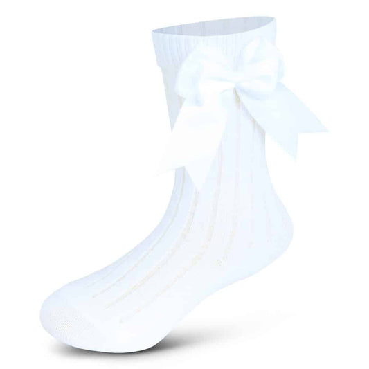 Girls Ribbed Knee-High Bow Socks White