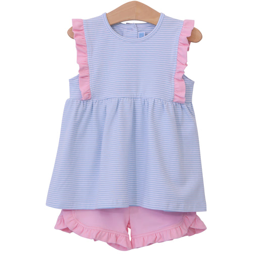 Josie Short Set Light Blue Stripe/Pk Trim by Trotter Street Kids