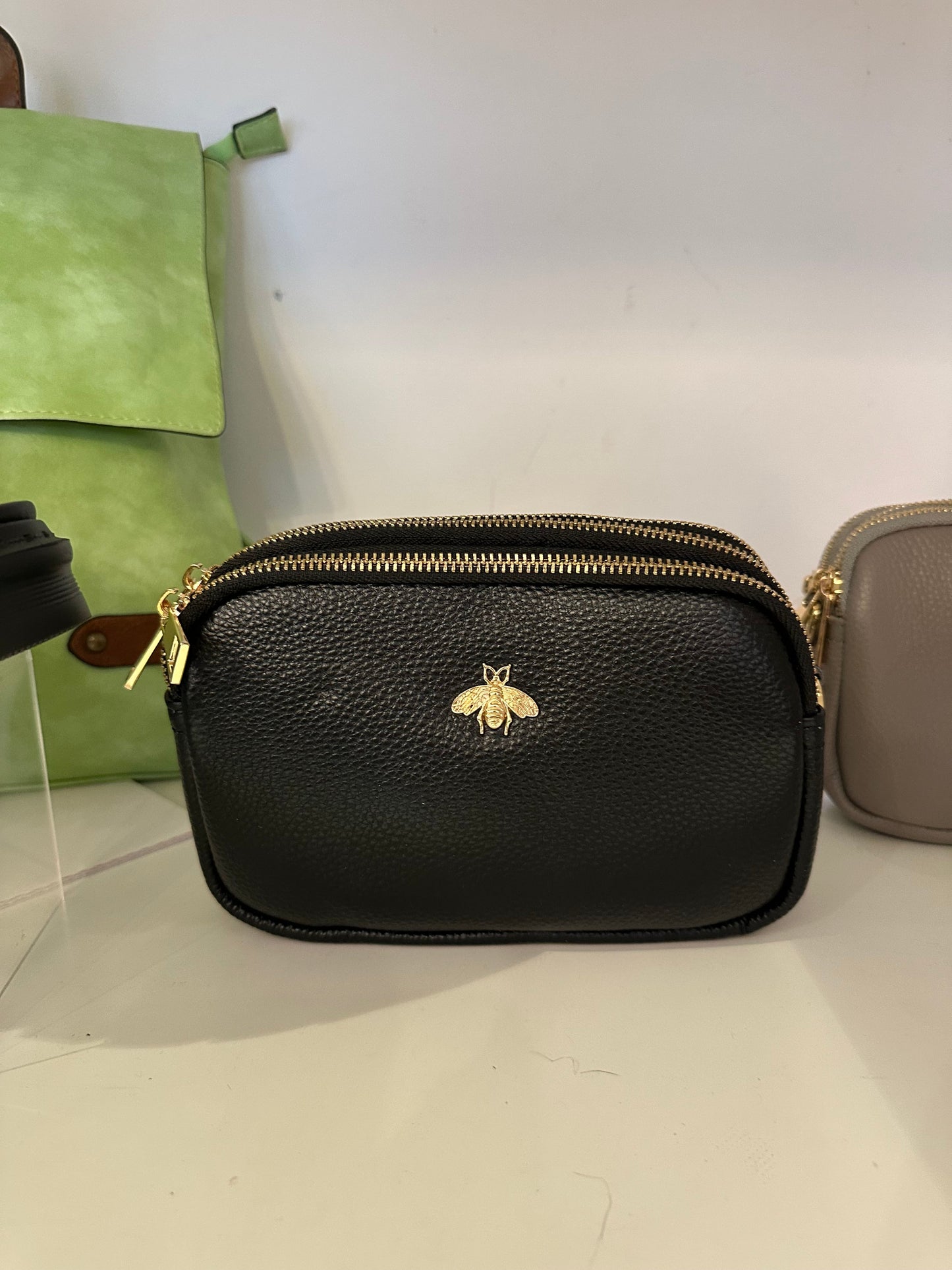 Three Zip Leather Bee Crossbody Bag