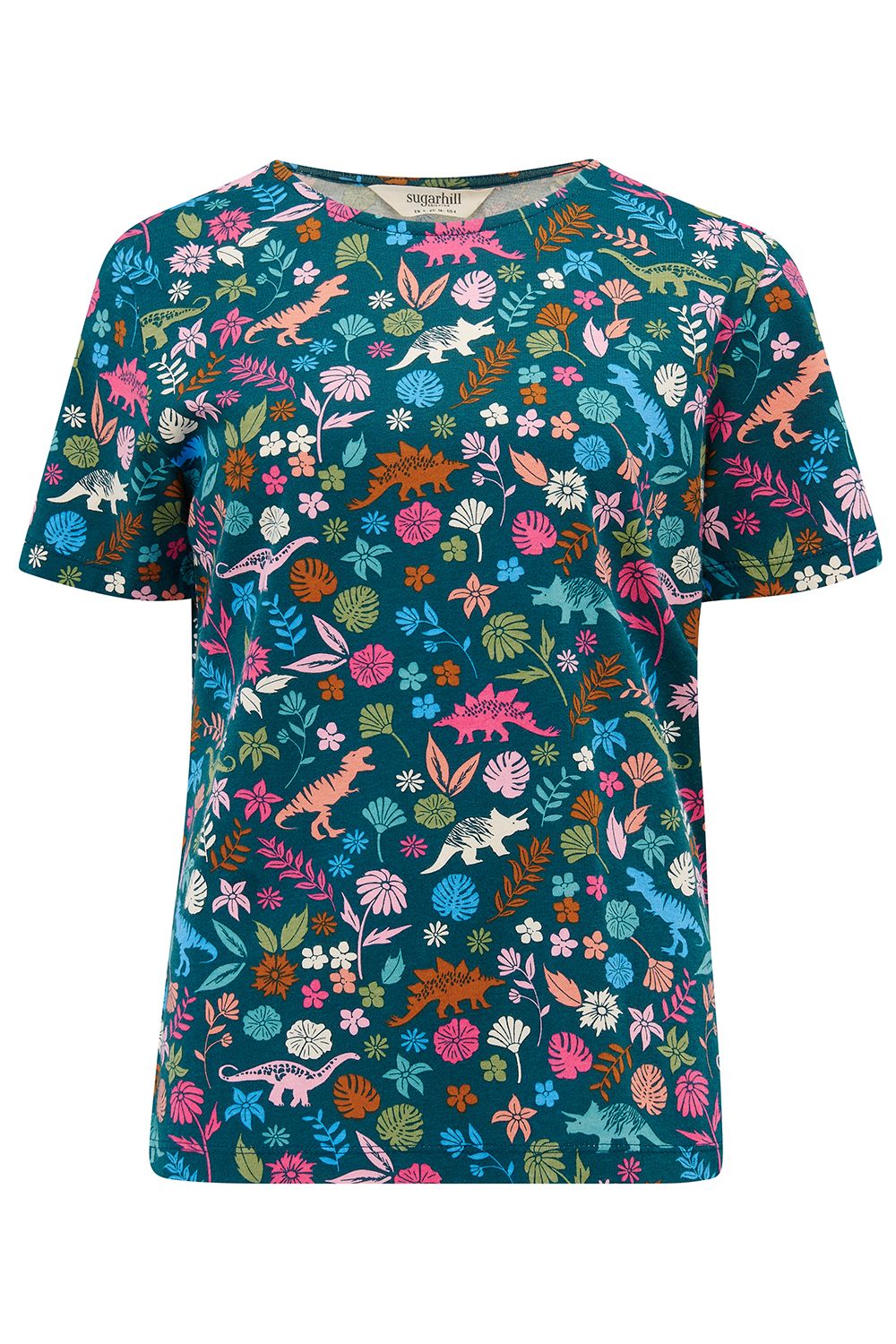 Ronah Crew Neck T-Shirt - Teal/Multi, Hidden Dinosaur