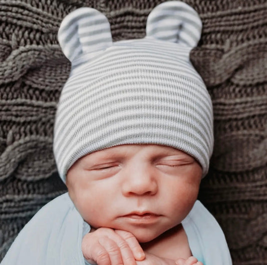 Grey/White Stripe Bear Ears Newborn Hospital Hat