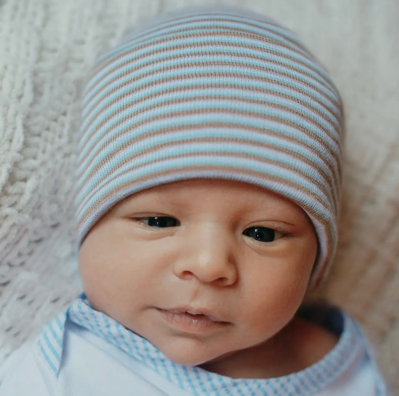 Blue, Tan & White Stripe Newborn Hospital Hat