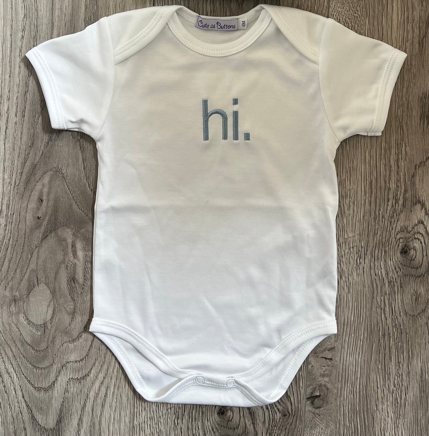 Hi. Onesie White/Surf Blue by Cute as Buttons