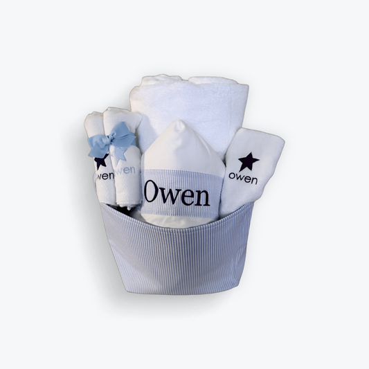 Personalized Welcome Home Seersucker Gift Basket by Cute as Buttons