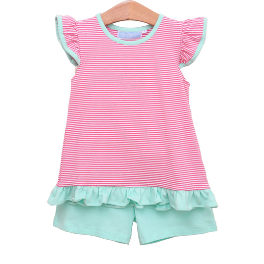 Mary Margaret Short Set-Pink Stripe/Mint by Trotter Street Kids