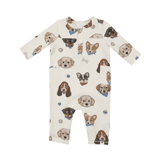 French Terry Vintage Puppy Faces Uni Romper by Angel Dear