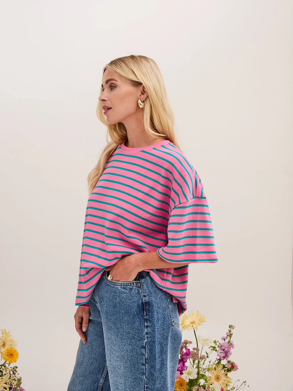 Sara Stripe Cotton T-Shirt - Pink and Green
