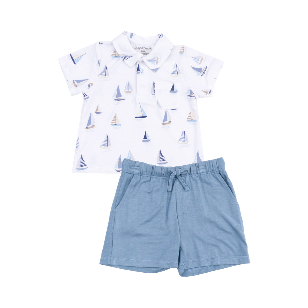 Sailboats Blue Polo Shirt and Shorts Set by Angel Dear
