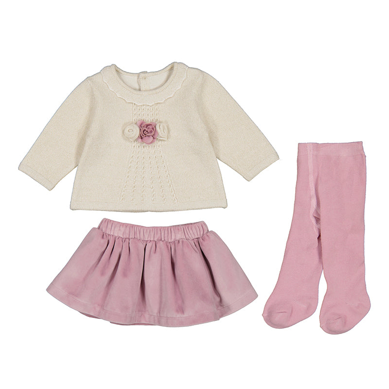 Mauve Velvet Skirt and Knit Top with Tights by Mayoral