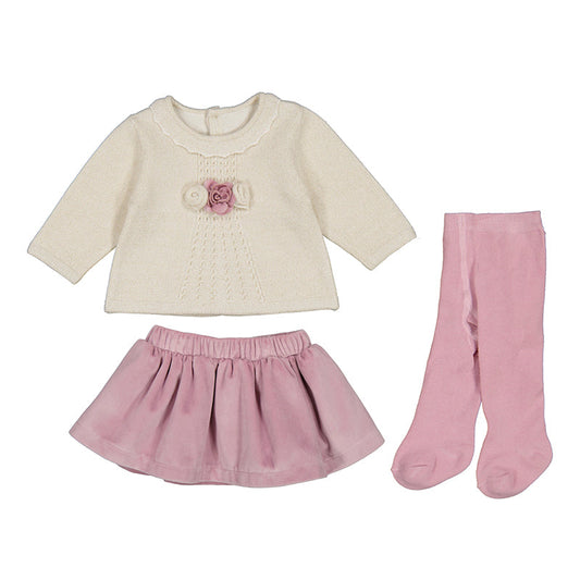 Mauve Velvet Skirt and Knit Top with Tights by Mayoral
