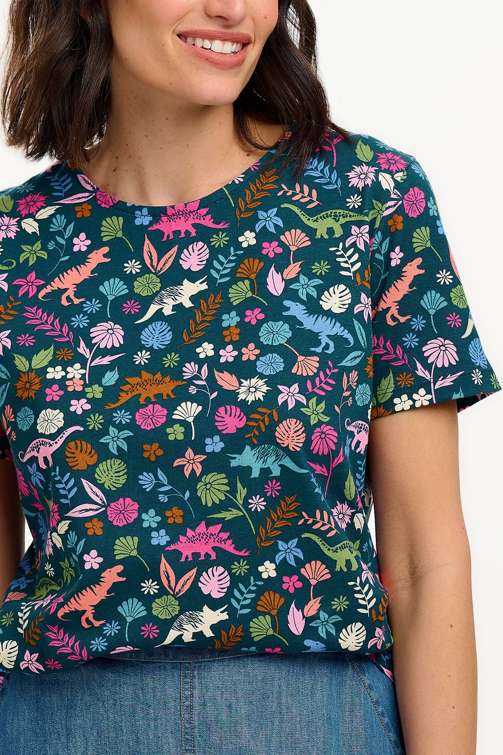 Ronah Crew Neck T-Shirt - Teal/Multi, Hidden Dinosaur